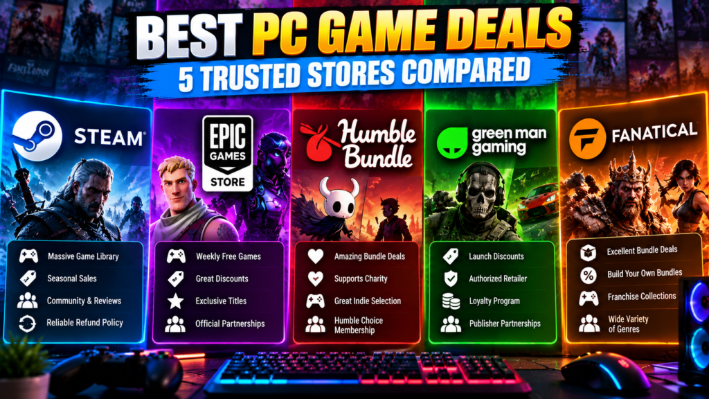 Comparison of Steam, Epic Games Store, Humble Bundle, Green Man Gaming, and Fanatical game deals