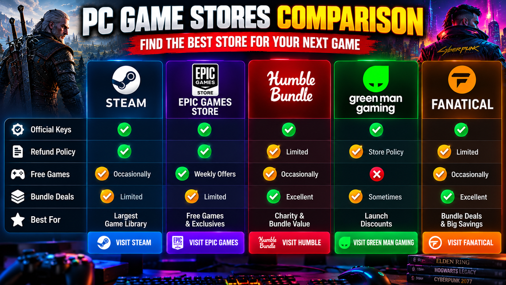 Comparison of trusted PC game stores including Steam, Epic Games Store, Humble Bundle, Green Man Gaming, and Fanatical